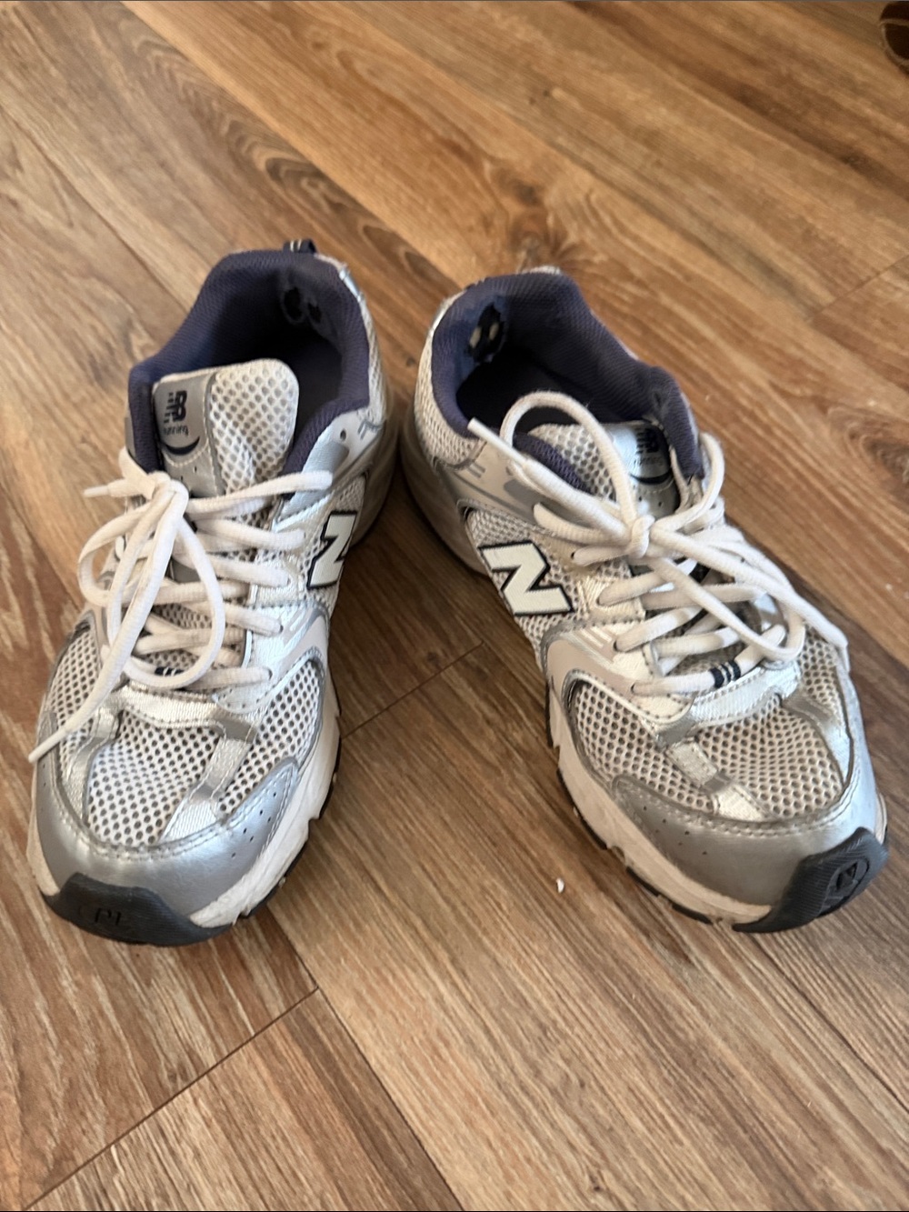 New Balance White and Silver Lace-Up Athletic Sneakers